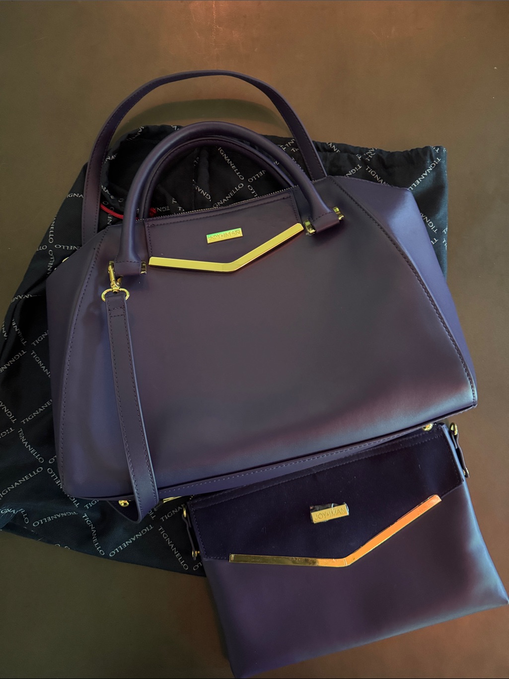 Joy & Iman Deep Purple Satchel With Matching Pouch And Gold Accents